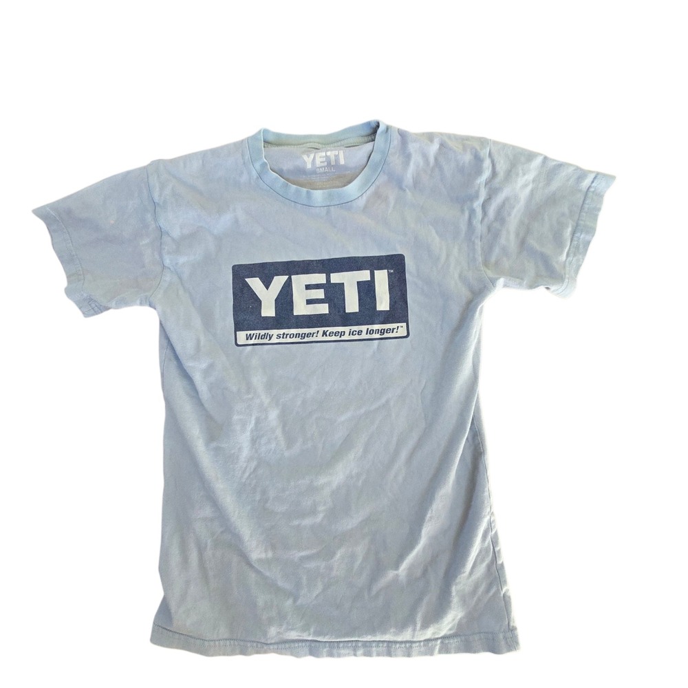 Yeti T Shirt Mens Small‎ Blue Logo Wildly Stronger Keep Ice Longer Graphic Tee